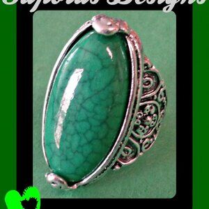 Tibetan Silver & Green Turquoise Size 8.5 Ring Native Ethnic Tribal